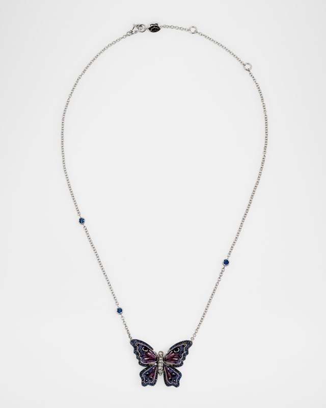18K White Gold Nymphalia Purple Emperor Necklace with Micro Mosaic, Diamonds and Blue Sapphires